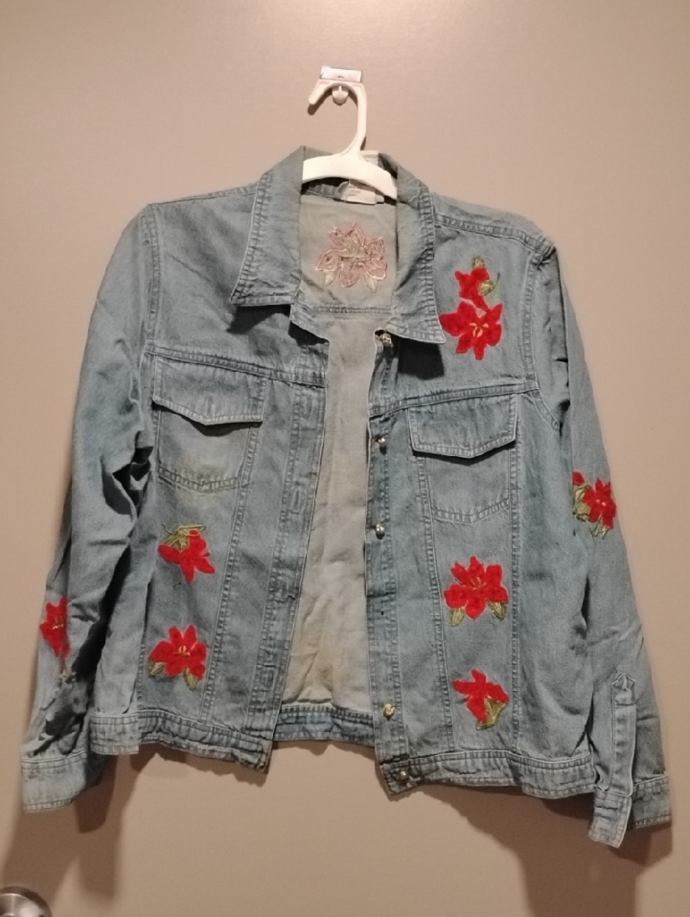 Light Blue Denim Jacket with Red Floral Embroidery - Women